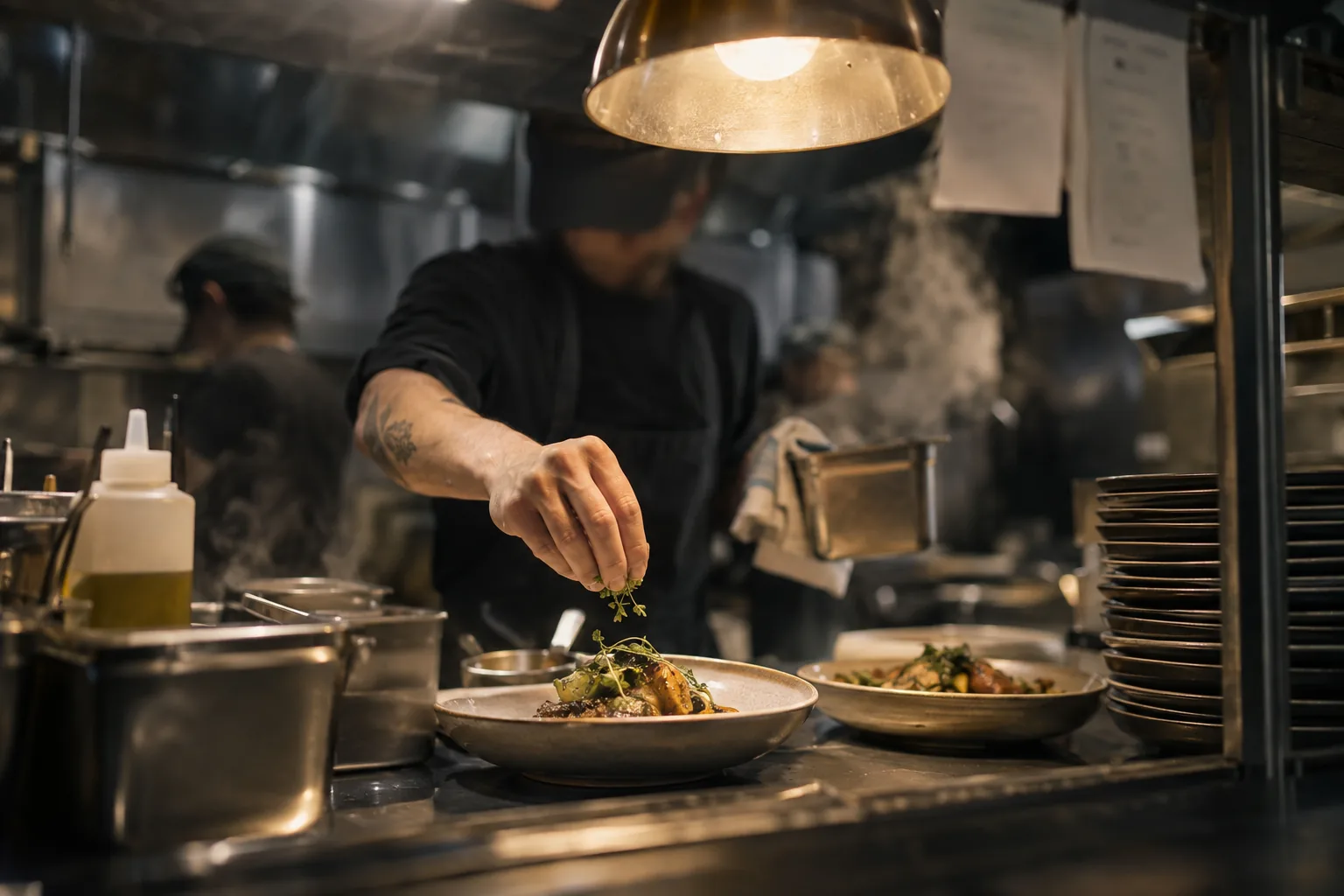 A line cook plating dishes at a restaurant pass under a heat lamp.